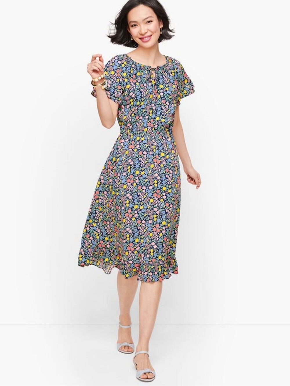 Talbots Navy Spring Floral Romantic Dress, Size 4P